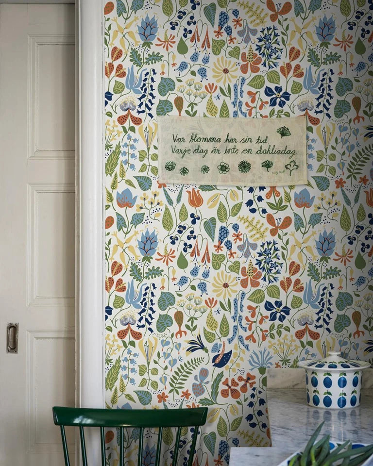 Herbarium wallpaper with intricately drawn flowers and leaves against white backdrop, Scandinavian Wallpaper