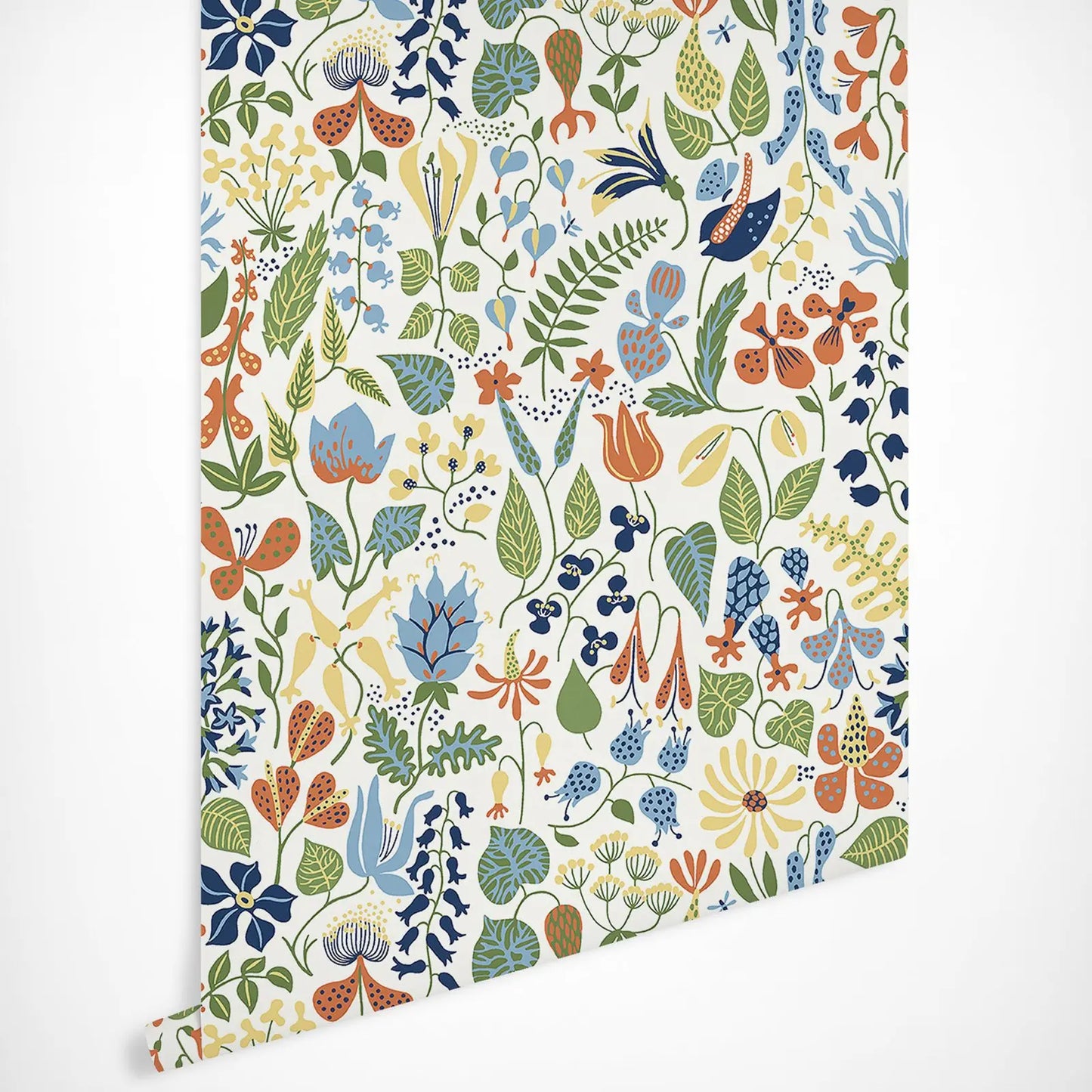 Herbarium wallpaper with intricately drawn flowers and leaves against white backdrop, Scandinavian Wallpaper