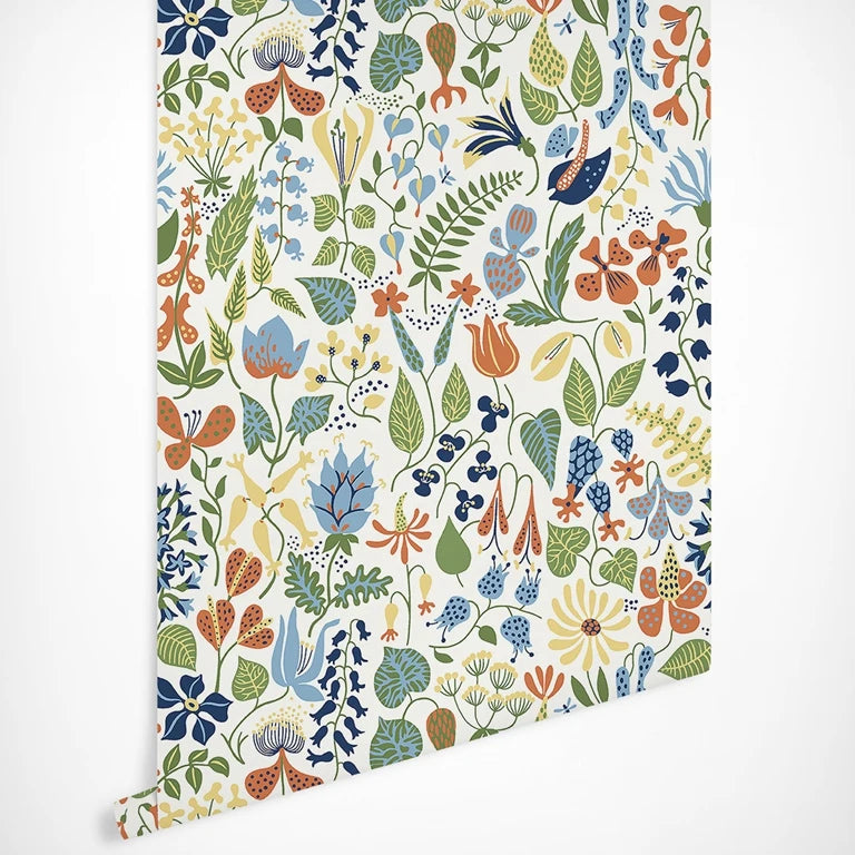 Herbarium wallpaper with intricately drawn flowers and leaves against white backdrop, Scandinavian Wallpaper