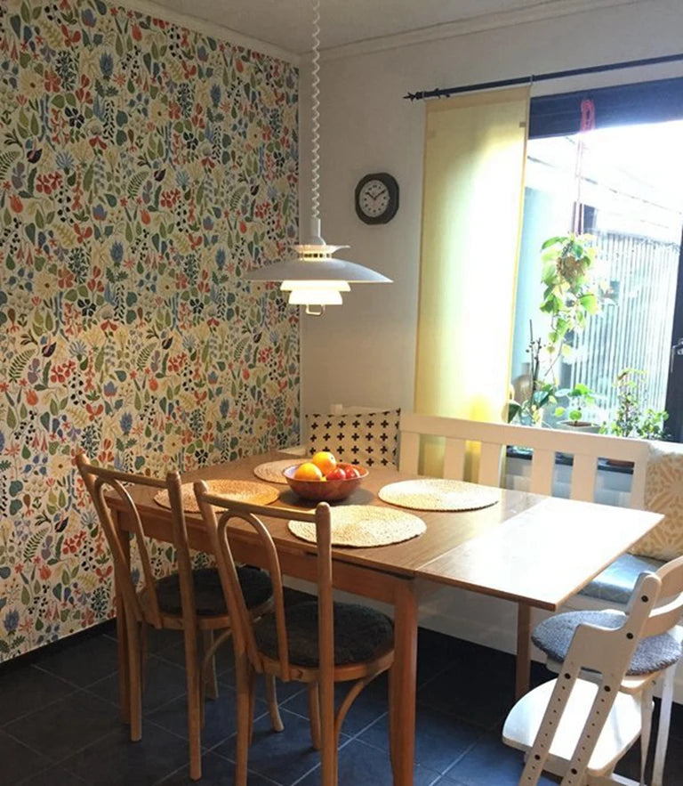 Herbarium wallpaper with intricately drawn flowers and leaves against white backdrop, Scandinavian Wallpaper