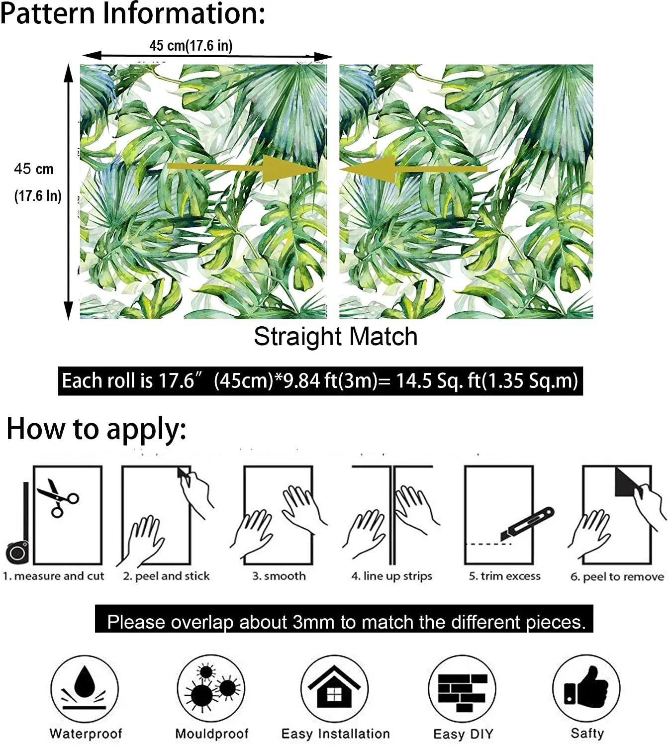Tropical Palm Leaf Peel and Stick Wallpaper Green Self-Adhesive Prepasted Thickened Waterproof Wallpaper Wall Mural for Decor