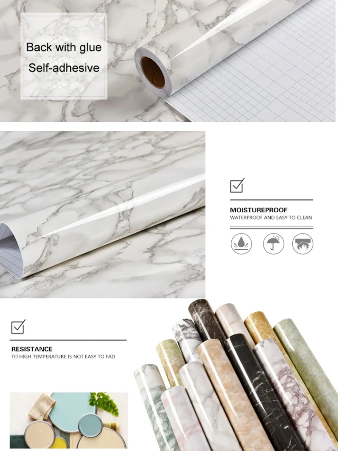 Marble Contact Paper For Countertops,Self-Adhesive Removable Wallpaper PVC Waterproof Oil-Proof Sticker For Kitchen Bathroom