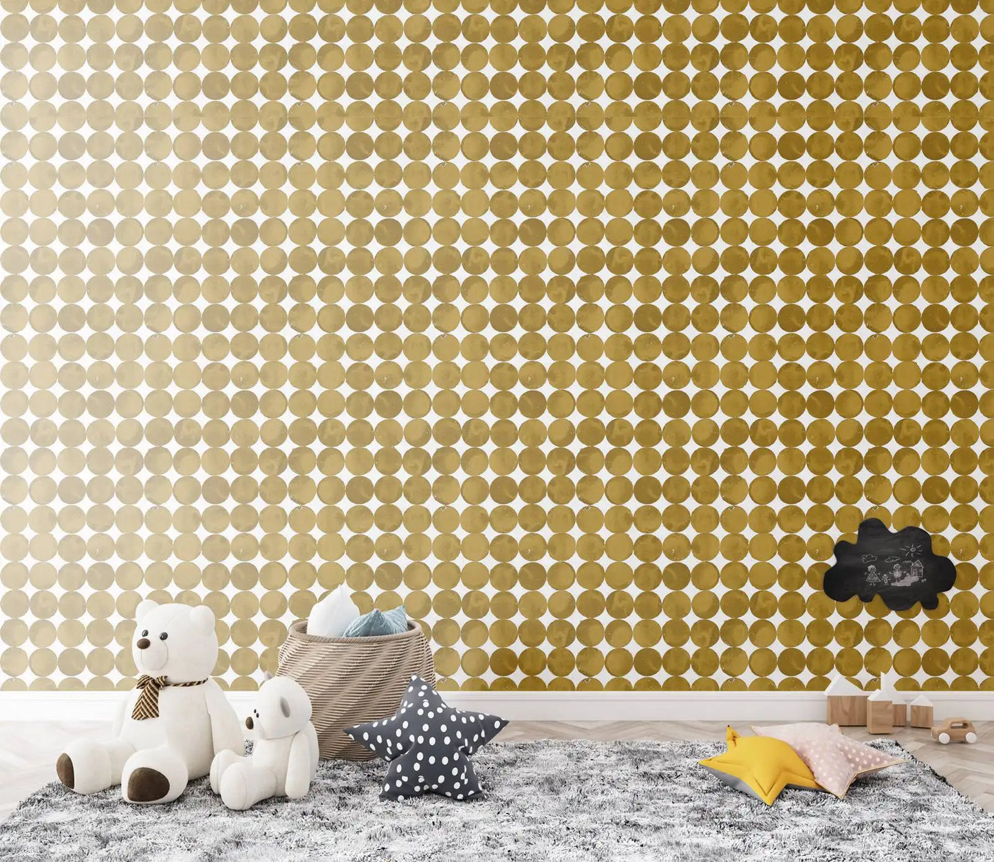The Moon Shade Wallpaper, Lunar Craters Wall Paper Lined Up On Plain Back Friezes Of Monochrome Circles In Shimmer Golden Yellow