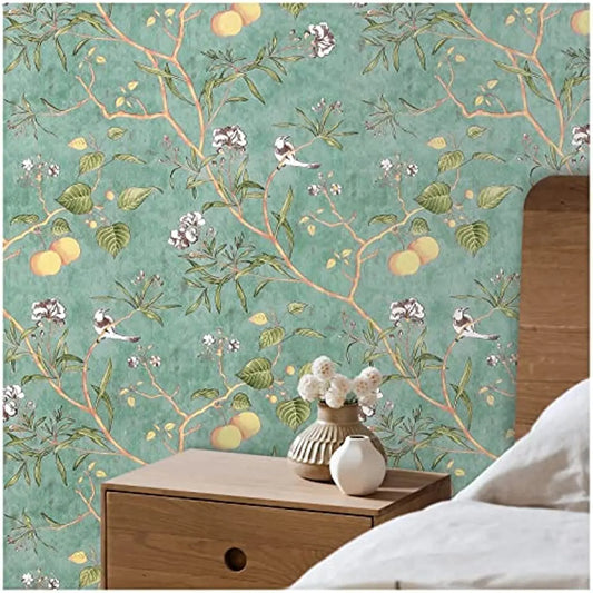 Vintage Botanical Birds Peel and Stick Wallpaper Vinyl Self Adhesive Wallpaper Green Removable Contact Paper for Home Decor