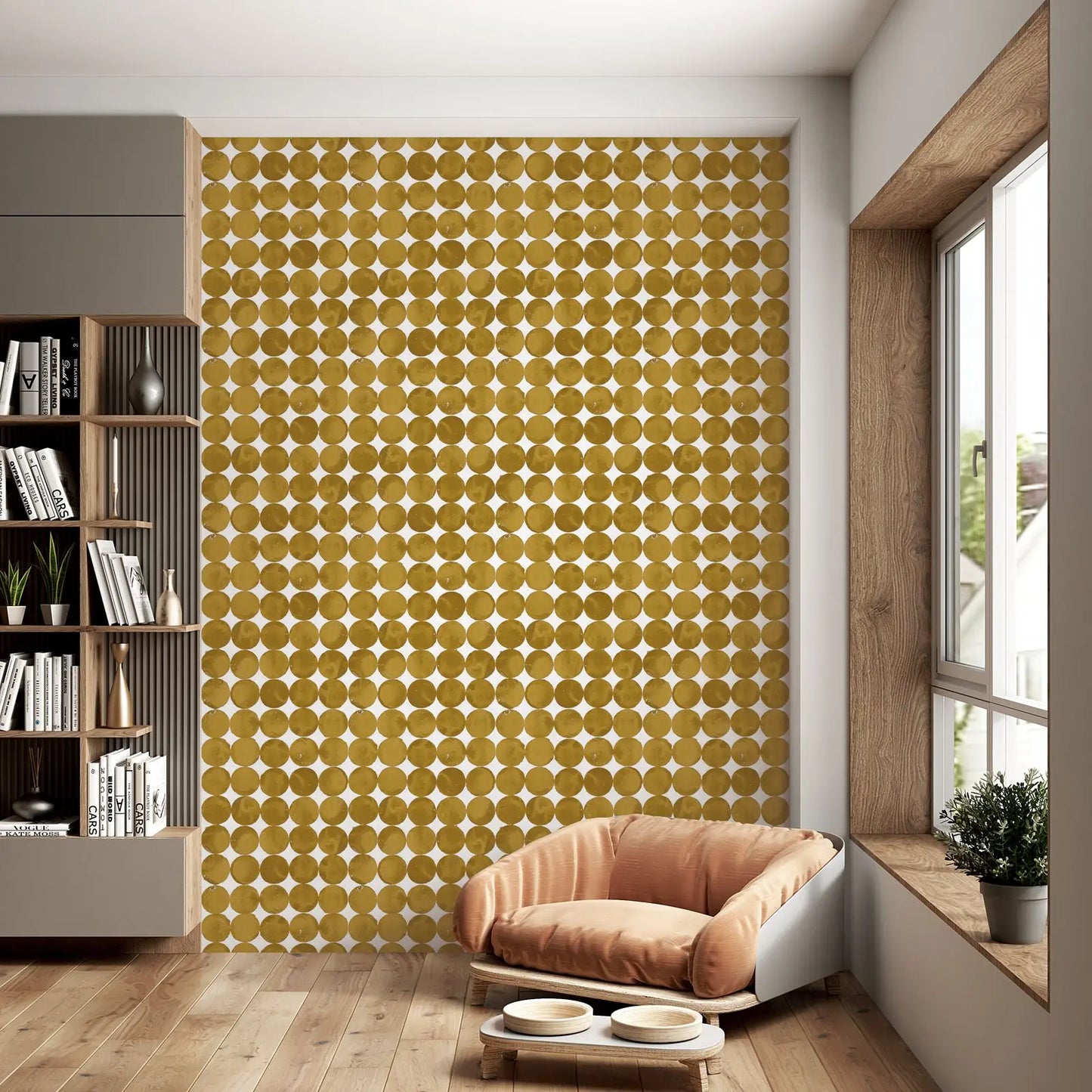 The Moon Shade Wallpaper, Lunar Craters Wall Paper Lined Up On Plain Back Friezes Of Monochrome Circles In Shimmer Golden Yellow