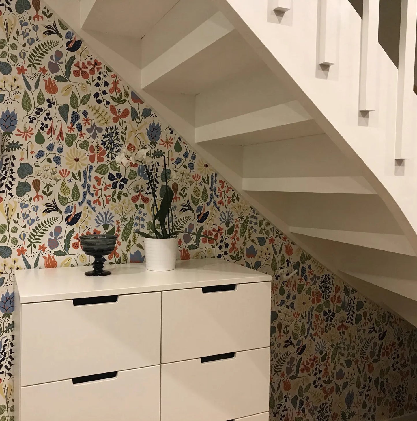 Herbarium wallpaper with intricately drawn flowers and leaves against white backdrop, Scandinavian Wallpaper