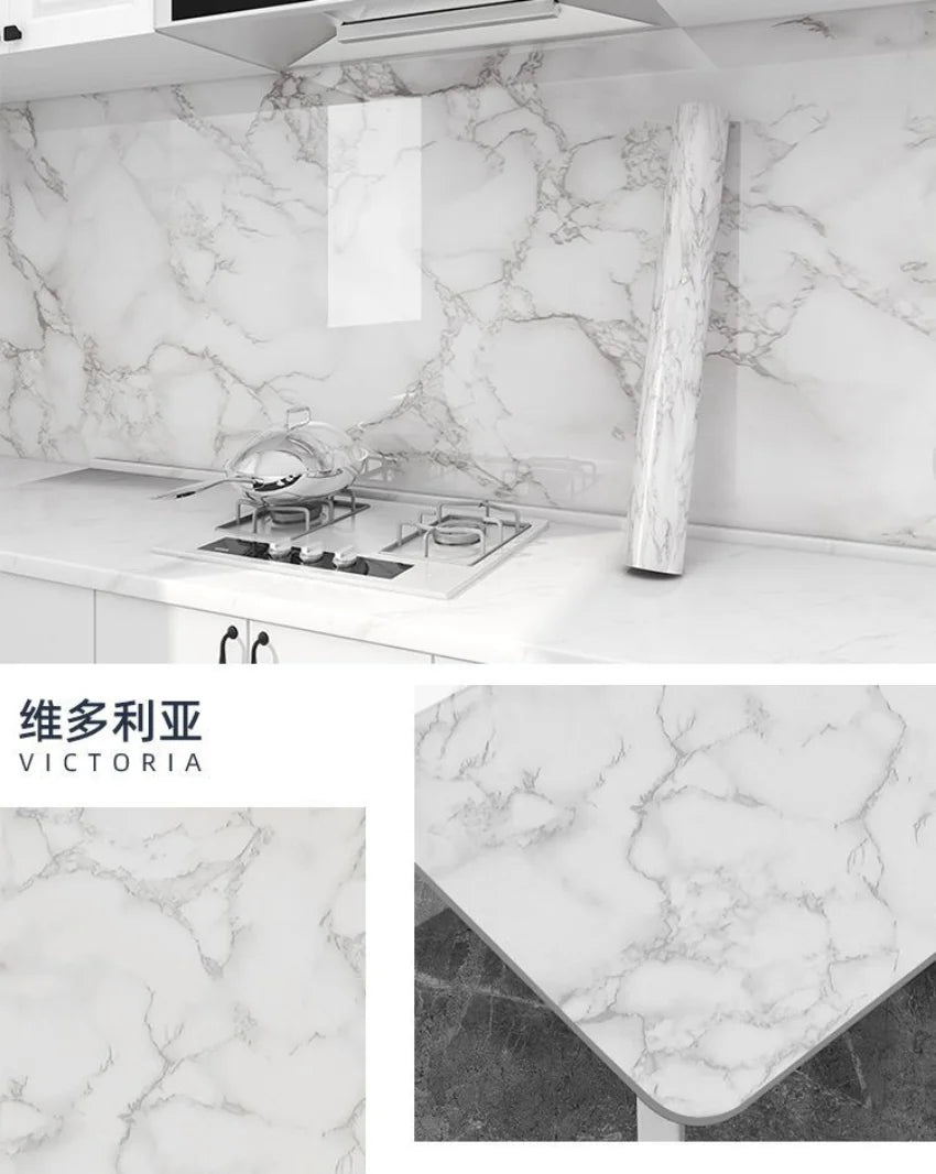 Adhesive Wallpaper Roll with 10 Meters Marble Kitchen Oil Proof Waterproof Wall Stickers Bathroom Countertop Cabinet Renovation